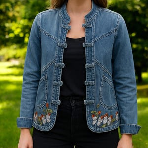 Embroidered Denim Jacket: Vintage Floral Butterfly Jean Coat, Made in UK