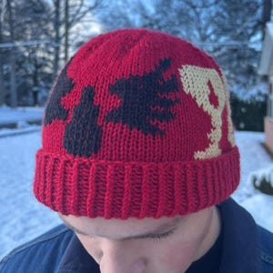 May include: A red knit beanie with a black and cream-colored design. The hat has a ribbed brim and a pattern that covers the top. The beanie is made of a soft, warm material, perfect for cold weather.