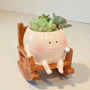 Puede incluir: Una maceta caprichosa, de color rosa claro, con forma de personaje sonriente, con mejillas rosadas, que sostiene un pequeño objeto plateado. La maceta está llena de suculentas verdes y está en una mecedora marrón. Un artículo decorativo para plantas.