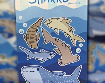 Shark Sticker Sheet | Sharks | Cute | Ocean | Aquatic | Fish | Kawaii | Chibi | Nature | Vinyl Stickers
