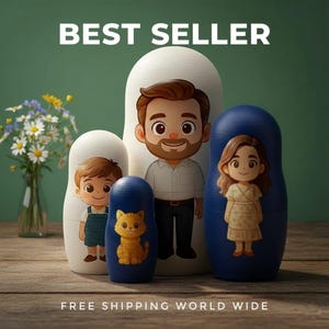 May include: A set of five nesting dolls with cartoon illustrations of a family and a cat. The dolls are white and blue, with the text "BEST SELLER" at the top.