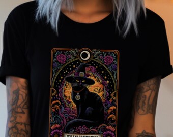 Black Cat Tarot Card T-Shirt: Regal Witch Halloween Apparel
