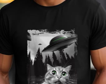 Cosmic Cat Selfie T-Shirt: Funny UFO Graphic Tee