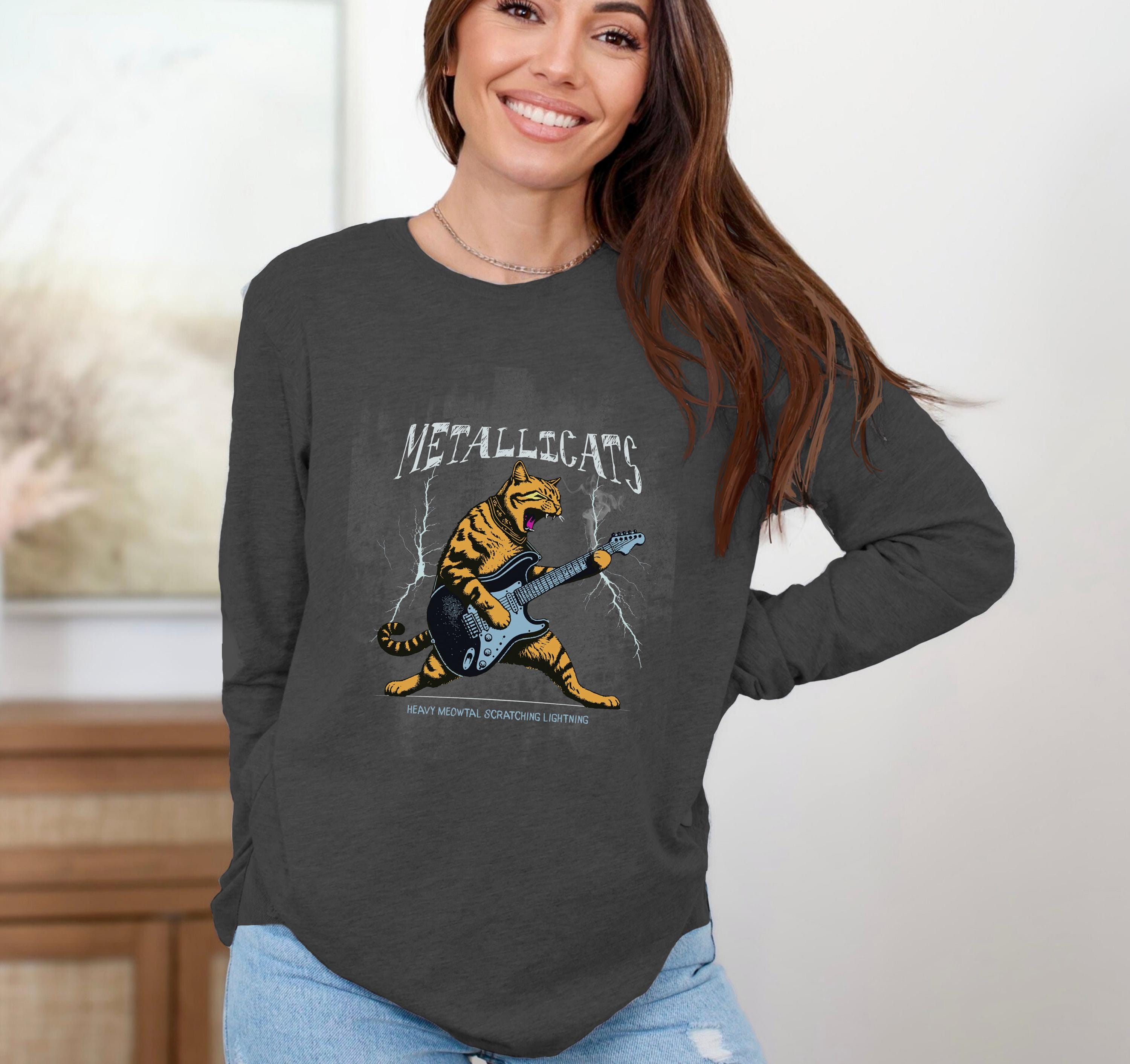 Edgy Metal Cat Graphic Tee: Unisex Long Sleeve Cotton Shirt, Bella