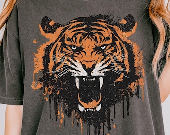 T-shirt graphique tigre rétro sur une chemise couleurs confortables, chemise tigre vintage, t-shirt graphique tigre en détresse, t-shirt animal des années 90, Style vintage