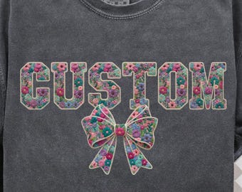 Comfort Colors Floral Custom Text Shirt Personalized Faux Embroidery Name Tee Mama Shirt Kids Name Tee Birthday Gift For Her