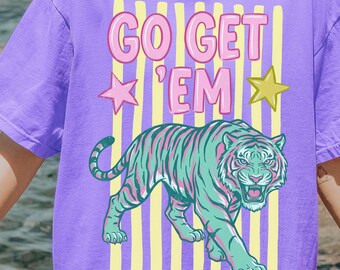 Comfort Colors Go Get Em Tiger Shirt Colorful Retro Trendy Striped Tiger Tee Preppy Summer Tshirt