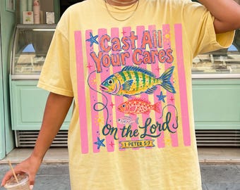 Colorful Summer Christian Shirt Comfort Colors TShirt Cast All Your Cares Lord 1 Peter 5:7 Maximalist Tropical Fish Faith Bible Verse Tee