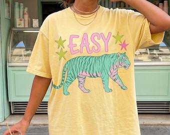 Camiseta Easy Tiger, colores cómodos, camiseta retro Tiger, camiseta boho de moda, camisetas geniales para mujer, camiseta retro vintage Tiger