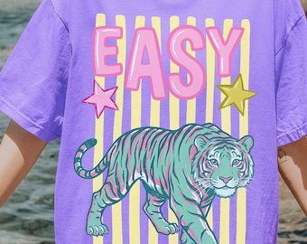Easy Tiger Shirt Comfort Colors T-Shirt Colorful Retro Trendy Striped Tiger Tee Preppy Summer Tshirt