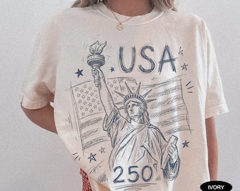 Camiseta Comfort Colors Estatua de la Libertad USA 250 Camiseta Vintage América 4 de Julio Camiseta Retro Patriótica Camiseta con Gráfico Camiseta Bandera Americana