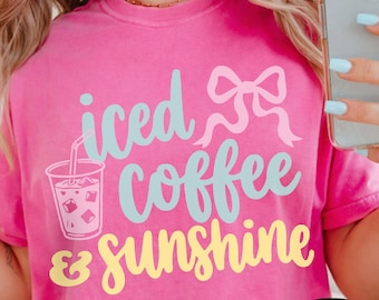 Camiseta de café helado y sol, colores cómodos, camiseta de café helado, regalos para amantes del café, camiseta de verano, camiseta con ambiente veraniego, camiseta de café