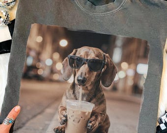 Dachshund (weenie dog) Drinking Iced Coffee Shirt Comfort Colors T Shirt Dog Owner Gift Funny Animal Meme Tshirt Vintage Dachshund Photo Tee