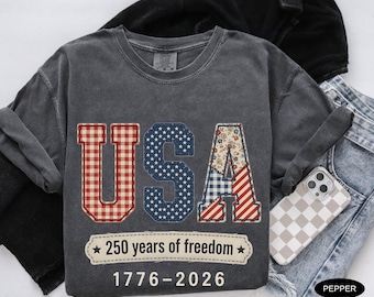Camiseta de patchwork falso del 250 aniversario de EE. UU. Camiseta Comfort Colors Camisetas del Día de la Independencia del 250 aniversario de EE. UU. Camiseta del 4 de julio 250 años