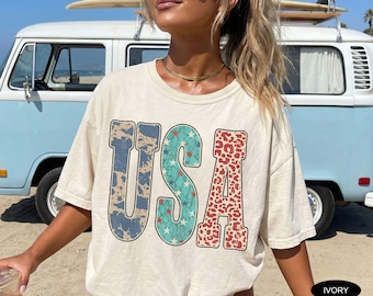 Camiseta Comfort Colors® USA con estampado de leopardo, camiseta patriótica vintage estadounidense, camiseta western del 4 de julio, camiseta para mamá, camiseta del 250 aniversario de la libertad