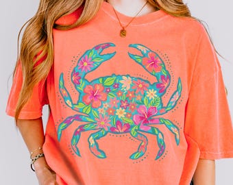 Summer Crab Comfort Colors® Shirt Summer Vacation TShirt Preppy Beach Shirt Colorful Floral Neon Preppy Coastal Hawaii Summer Shirt Tee