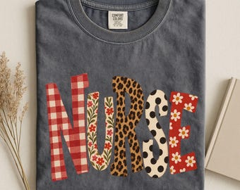 Fall Winter Nurse Shirt Comfort Colors Tee Faux Patchwork Christmas Gift for Nurses