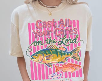 Colorful Christian Shirt Comfort Colors TShirt Cast All Your Cares Lord 1 Peter 5:7 Maximalist Tropical Fish T-Shirt Faith Bible Verse Tee