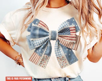 Comfort Colors® Vintage Faux Patchwork USA Shirt Retro USA Tee Trendy 4th of July Gift Coquette Patriotic Bow T-Shirt
