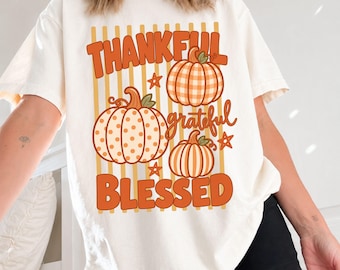 Fall Thankful Shirt Leopard Comfort Colors® Tee Striped Autumn Pumpkin TShirt Thanksgiving Grateful T-Shirt Gift