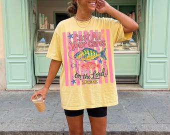 Colorful Summer Christian Shirt Comfort Colors TShirt Cast All Your Cares Lord 1 Peter 5:7 Maximalist Tropical Fish Faith Bible Verse Tee