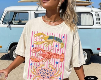 Camiseta tropical maximalista colorida Camiseta Comfort Colors Camiseta de vacaciones de verano Camiseta crustácea Verano costero Playa Langosta Cangrejo Cangrejo de río