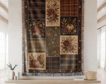 Manta tejida con estampado floral oscuro, diseño botánico otoñal, acogedora decoración otoñal, estilo jardín vintage, patchwork.