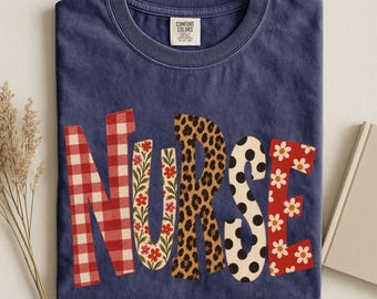 Fall Winter Nurse Shirt Comfort Colors Tee Faux Patchwork Christmas Gift for Nurses