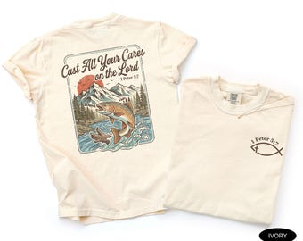 Mens Christian Shirt Comfort Colors TShirt Cast All Your Cares Lord 1 Peter 5:7 Nature River Fishing Boat Tee Faith Bible Verse Tee