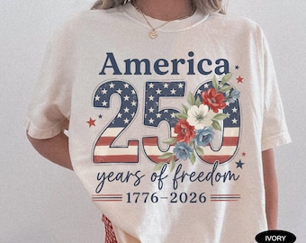 Camiseta Comfort Colors America 250, 250 años, bandera, estampado floral, camiseta de regalo patriótico del 250 aniversario, regalo patriótico del 4 de julio, EE. UU.