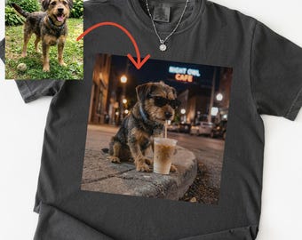 Custom Dog Shirt Comfort Colors Tee Personalized Pet Photo Customized Picture Dog T Shirt Dog Lover Gift Dog Drinking Iced Coffee T-Shirt