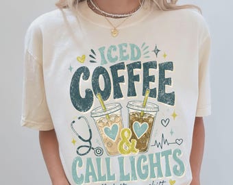 Camiseta divertida de enfermera, colores cómodos, café helado y luces de llamada, regalo de enfermería