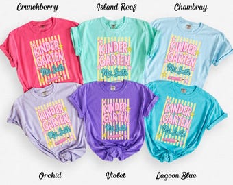 Custom Kindergarten Teacher Shirt Comfort Colors TShirt Retro Stripe Kindergarten Team Shirt Back to School Tee Elementary Teach T-Shirt