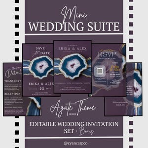 Conjunto de convites de casamento editáveis em ágata Canva | Cartão principal, RSVP, detalhes, reserve a data, agradecimento + cartões bônus para todas as ocasiões