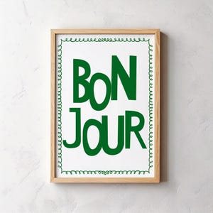 Vetgedrukte typografie Art Print - Bonjour, illustratie, kunst, print, leuk, Frans, modern, digitale download