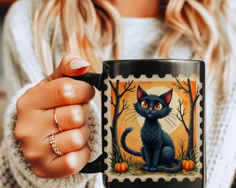 Halloween Black Cat Mug with Pumpkins, Spooky Season Coffee Cup, Witchy Cat Lover Gift, Cute Gothic Fall Drinkware, Autumn Kitchen Mug