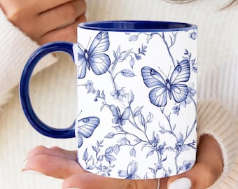 Blue Butterfly Mug, Chinoiserie Floral Coffee Cup, Elegant Butterfly Gift for Women, Vintage Aesthetic Mug 11oz/15oz, Tea Lover Gift