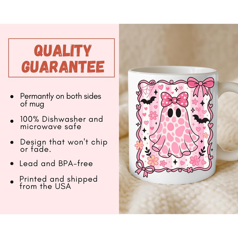 ceramic coffee mug featuring a pink spotted ghost with a bow, surrounded by bats, hearts, and flowers in a coquette aesthetic design