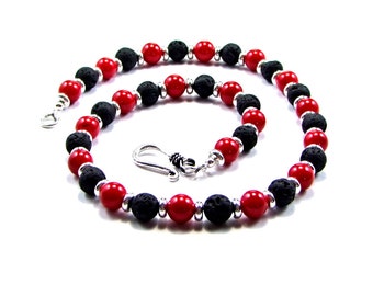 Red Coral, Volcanic Lava & Sterling Silver Necklace - N348