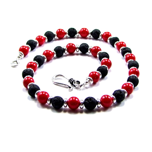 Red Coral, Volcanic Lava & Sterling Silver Necklace - N348