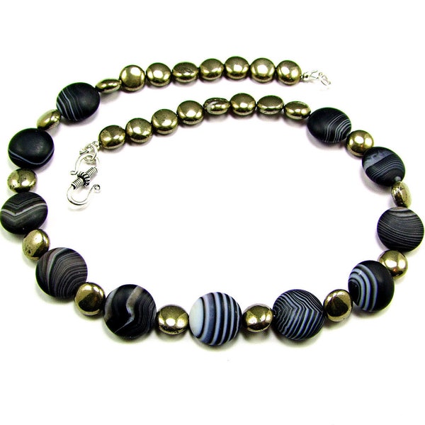 Gorgeous Black Striped Agate & Gold Pyrite Necklace - N598