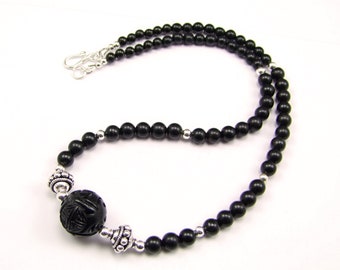 Carved Whitby Jet & Sterling Silver Necklace - N844B