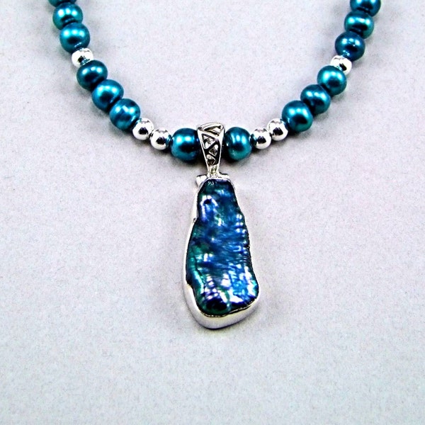 Teal Biwa & Freshwater Pearl Sterling Silver Necklace - N863