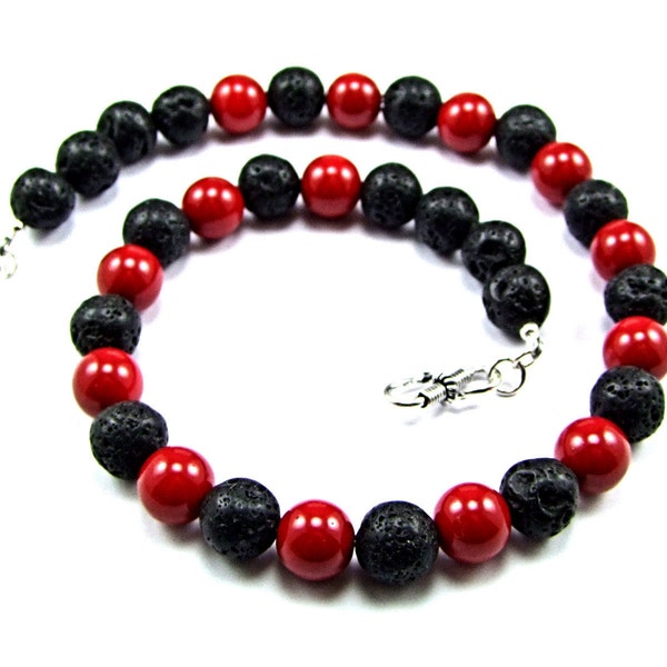 Red Coral & black Volcanic Lava Necklace - N889