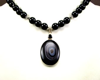 Black Agate Sterling Silver Necklace - N977