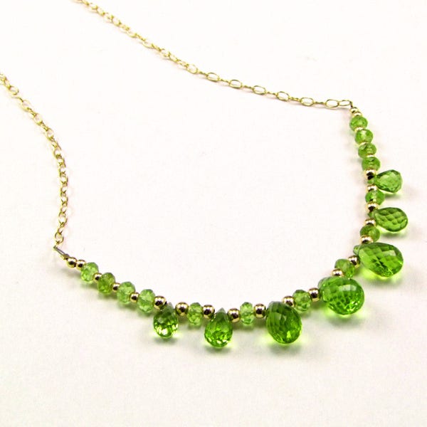 Exquisite Peridot Faceted Briolette Gold Necklace - N656B