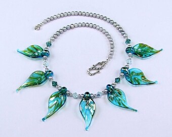 Stunning Lampwork Glass Blue Leaf Necklace  - N335