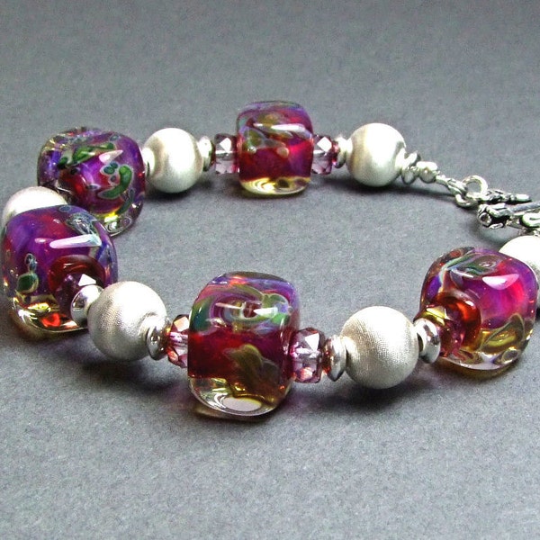 Gorgeous Fuchsia Boro Glass & Sterling Silver Bracelet - BM25