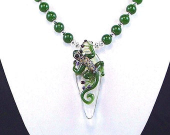 Borosilicate Glass Gecko & Green Jade OOAK Statement Necklace - N373