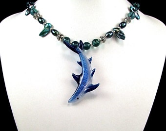 OOAK Blue Boro Glass Shark Statement Necklace - N213A